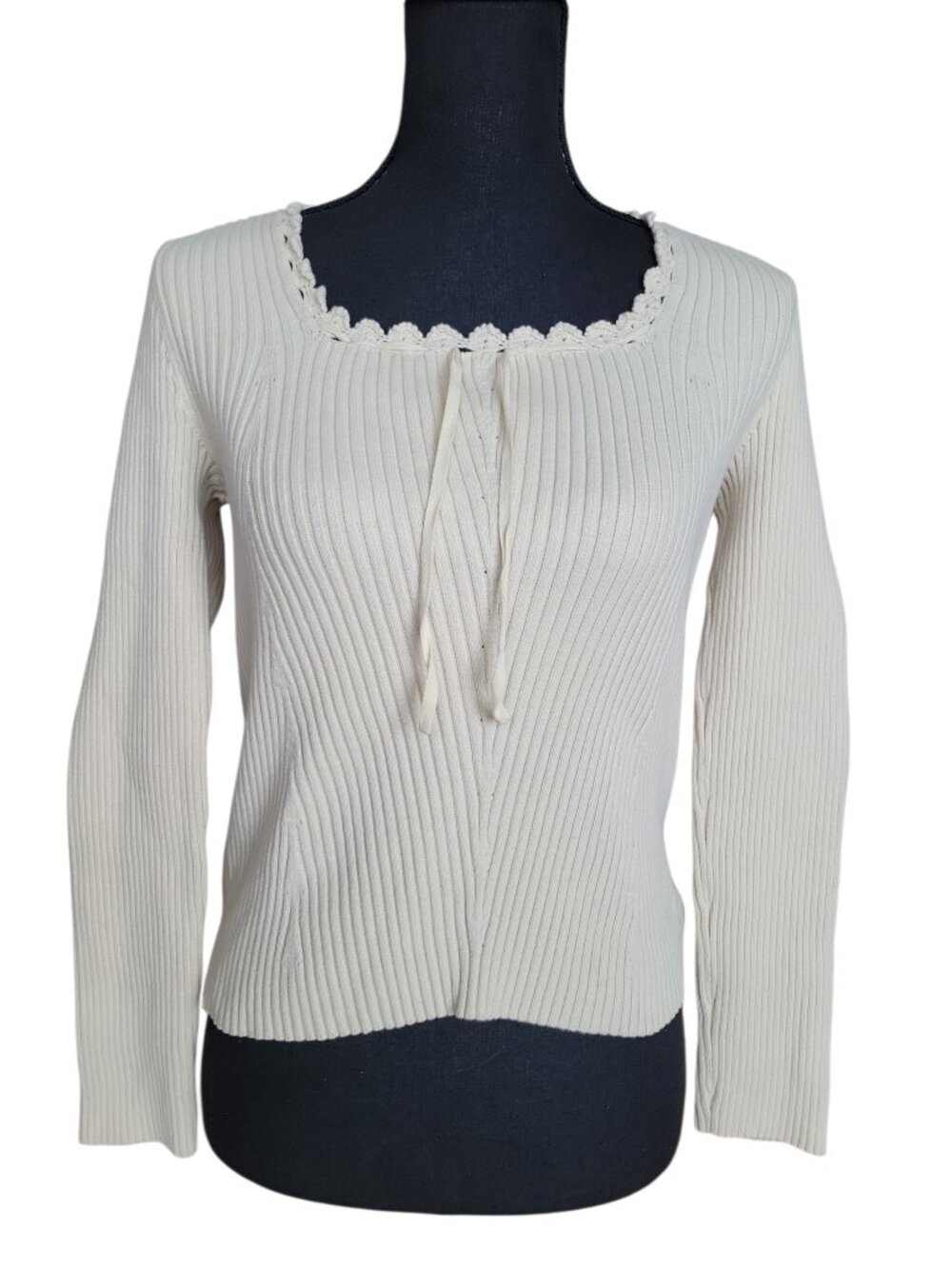 Ralph Lauren Cream Square Neck Lace Trim Ribbed Tie Front Shirt Women's Size M